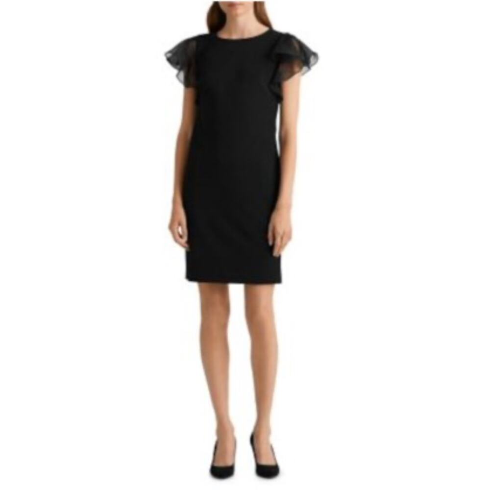 Ralph Lauren Flutter Short Sleeve Crew Neck Shift Cocktail Dress Black Size 6